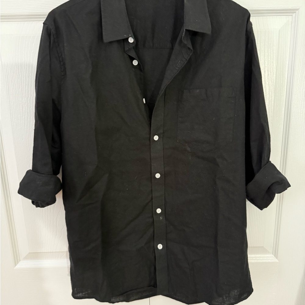 Men's Black Button-Up Shirt linen blend small